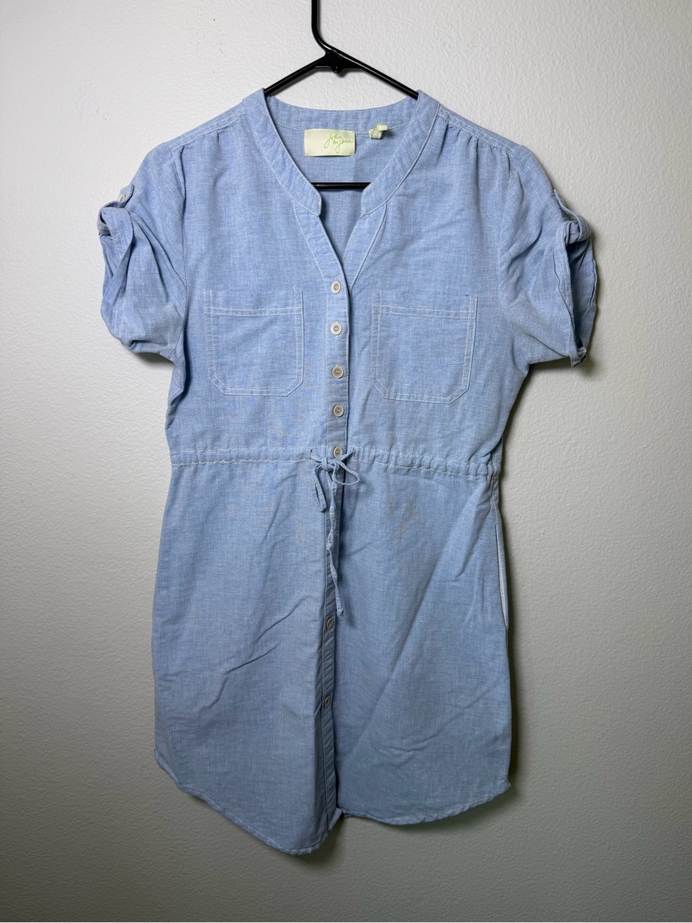 John + Jenn Light Blue Chambray Denim Mini Shirt Dress Linen Cotton Coastal Sz S